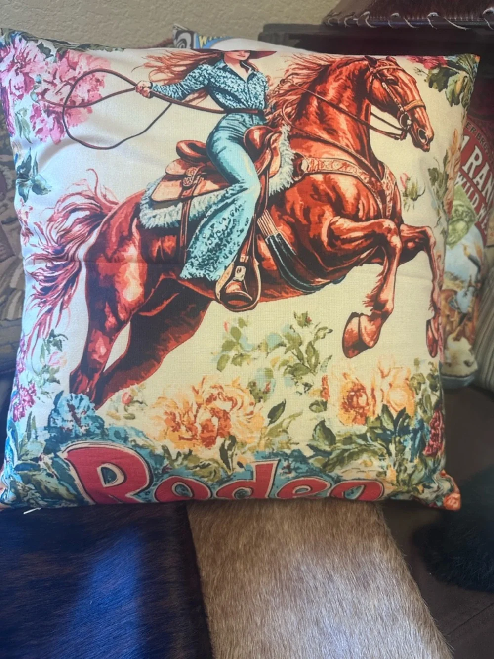 Western Cowgirl Horse Decorative Throw Pillow in Floral Red & Blue